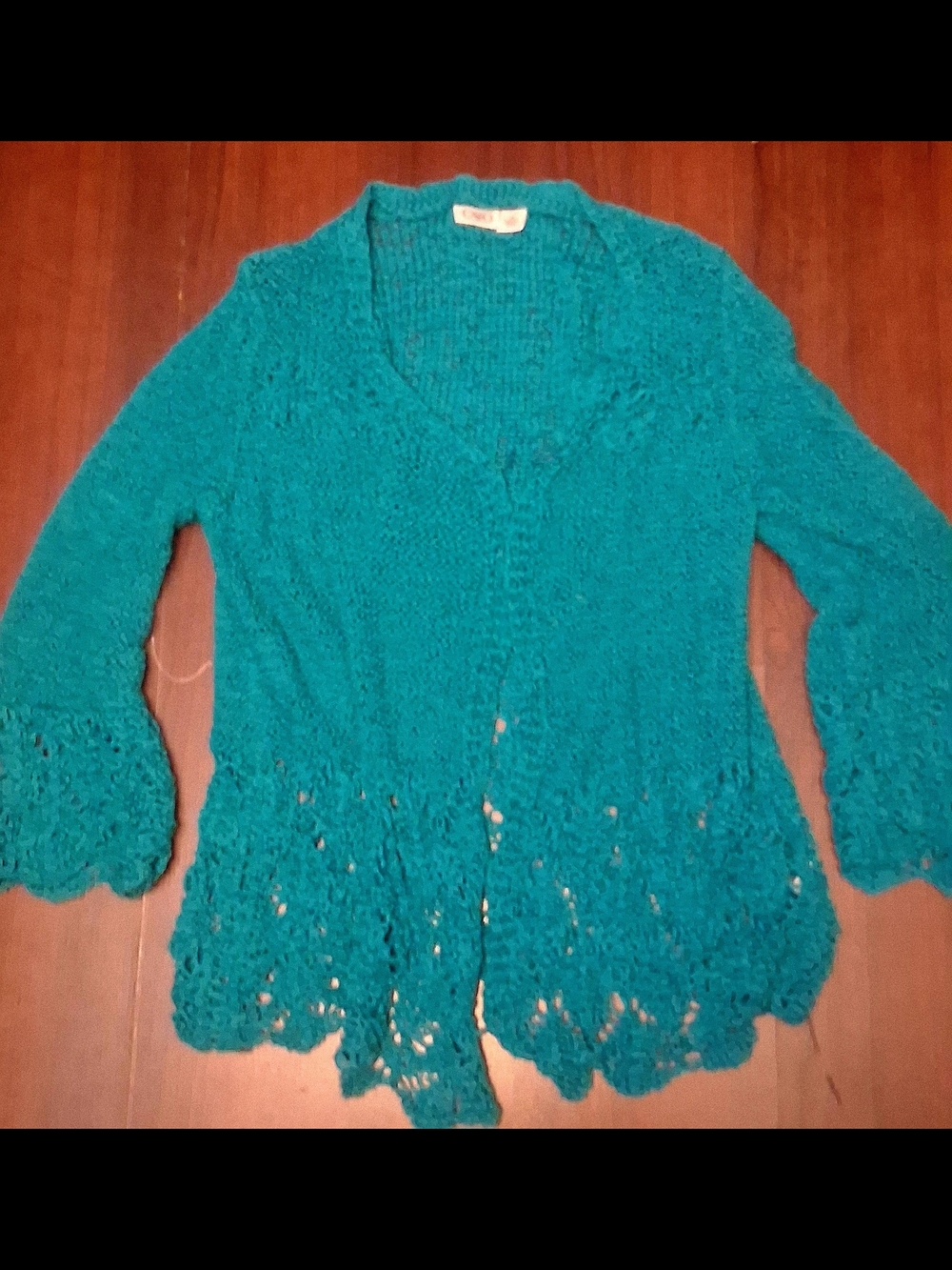 Cato Teal Crochet Hem Open Cardigan Sweater